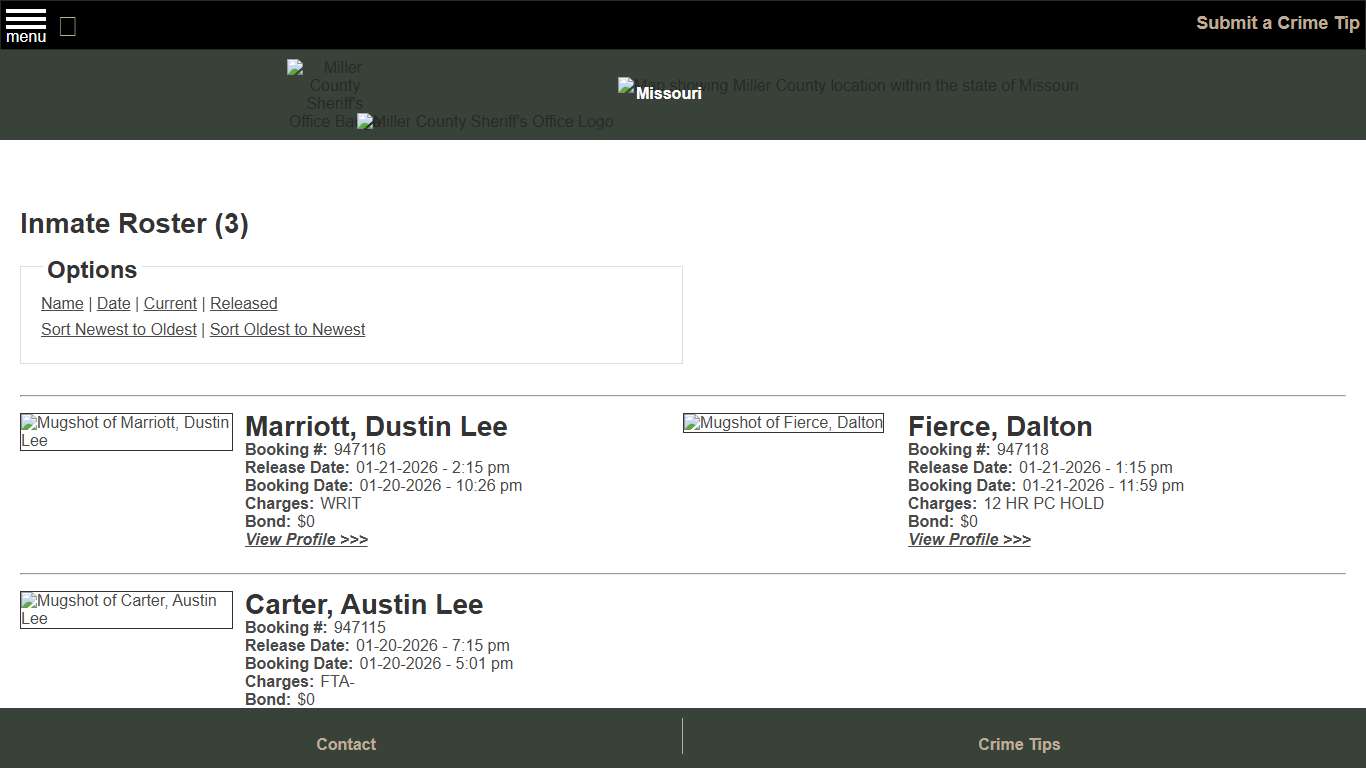 Inmate Roster - Released Inmates Booking Date Descending - Miller County Sheriff MO